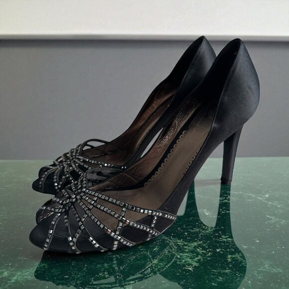 GIORGIO ARMANI Black Satin Fabric Jeweled Heels Size US 8.5 / 38.5 - Picture 1 of 13